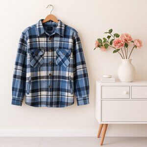 Active USA Blue Black White Plaid Sherpa Lined Shacket Women’s Size L Wool Blend